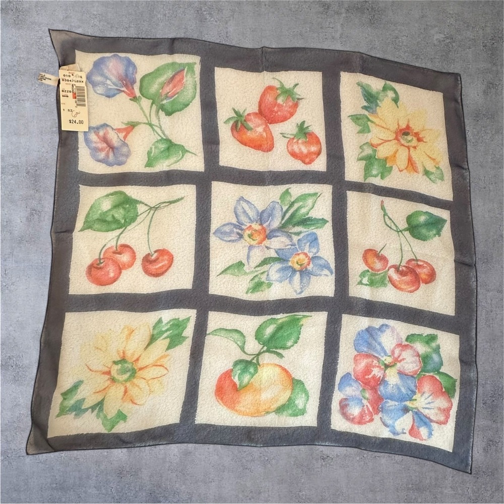Vintage Silk Scarf Made in Japan Floral Fruit Patchwork Gray 22" LG/MSC NOS Tags
